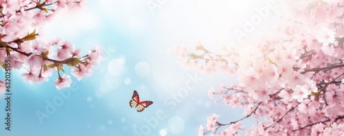 Spring banner, branches of blossoming cherry against background of blue sky and butterflies on nature outdoors. Pink sakura flowers, dreamy romantic spring, landscape panorama, copy, Generative AI