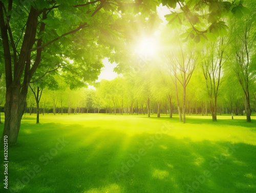 Beautiful spring background. View of natural park with a green lawn through young juicy foliage of trees in rays of soft sunlight, Generative AI