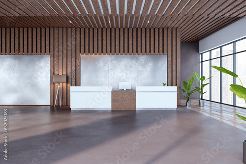 Fototapeta Naklejka Na Ścianę i Meble -  Bright wooden and concrete office lobby interior with reception desk, panoramic window with city view and other objects. Waiting area and interior designs concept. 3D Rendering.