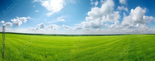 Beautiful natural scenic panorama green field of cut grass into and blue sky with clouds on horizon. Perfect green lawn on summer sunny day  Generative AI