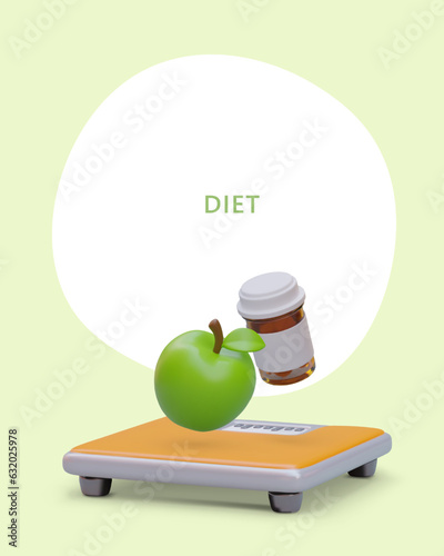 Weight control, loss. Dietary supplements, natural food. 3D bathroom scales, apple, jar with pills. Services of nutritionist, dietician. Vertical concept, place for logo, slogan