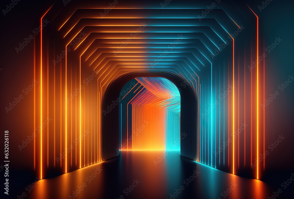 Abstract psychedelic dark background, multicolored glowing neon straight lines. Immersive fantasy interior, corridor, gallery. 3D rendering. AI generated.