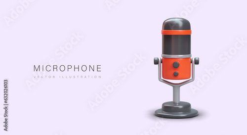 Vector poster with microphone and text. Recording studio services, video dubbing. Advertising on radio. Announcement about singing competition. Banner for karaoke bar