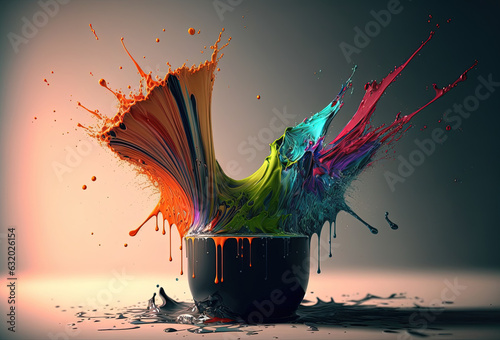 A splash of colorful liquid over a bowl, a cup. An explosion of paint, ink. An immersive, abstract background. 3D rendering. AI generated