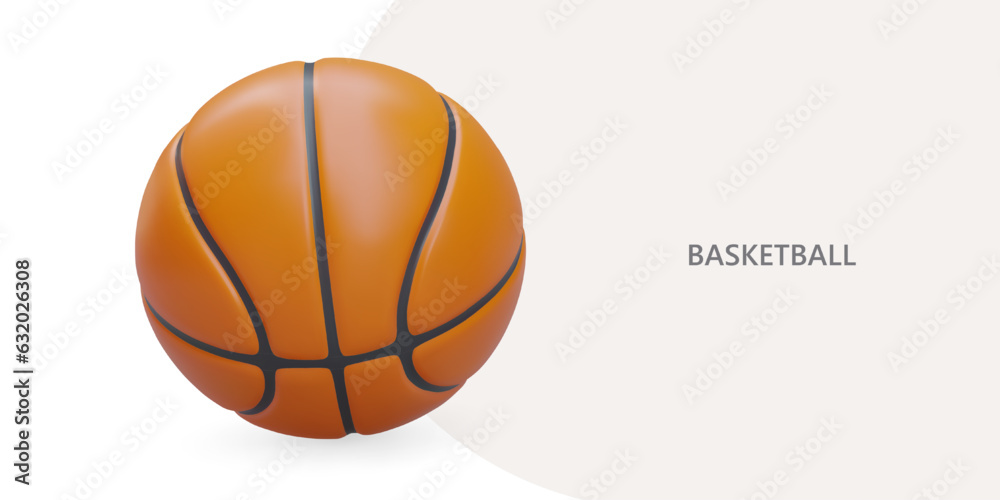 Orange 3D basketball ball. Sports equipment. Horizontal vector layout with space for text. Active leisure time, training. Color concept for sports school, club