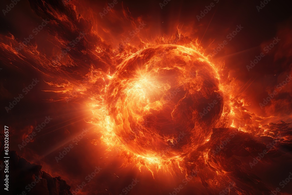 Fototapeta premium A solar flare, a massive explosion in the sun's atmosphere - AI Generated