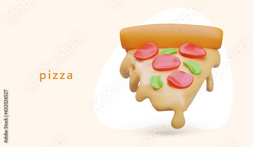 Triangular slice of fresh pizza. Advertisement of hot meal. Horizontal banner for pizzeria in modern style. Pizza with runny melted cheese, filling. Cute color template