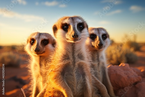 Fotografie, Obraz A family of meerkats alert and watching the horizon in the Kalahari desert - AI
