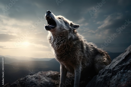 A wolf howling at a full moon on top of a rocky hill - AI Generated
