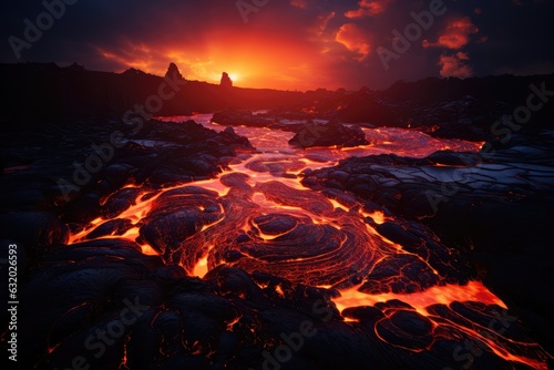 An active lava lake in a remote volcanic island - AI Generated