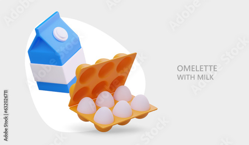 3d realistic carton box with milk and pack of eggs. Products for omelet with milk. Web poster for food store. Vector illustration with gray background and place for text