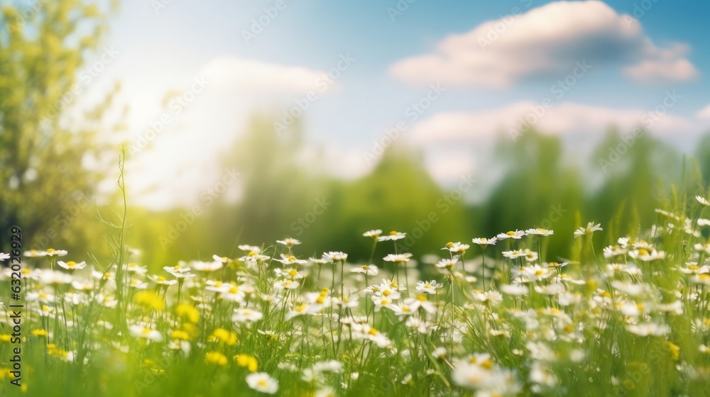Fototapeta premium Beautiful blurred spring background nature with blooming glade chamomile, trees and blue sky on a sunny day, Generative AI