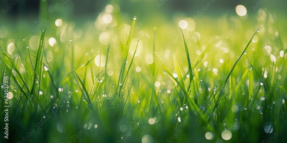 Very beautiful wide-format photo of green grass close-up in an early spring or summer morning, with dew or rain drops on the blades of grass and light, Generative AI