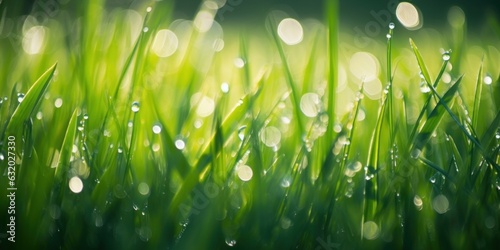 Very beautiful wide-format photo of green grass close-up in an early spring or summer morning, with dew or rain drops on the blades of grass and light, Generative AI