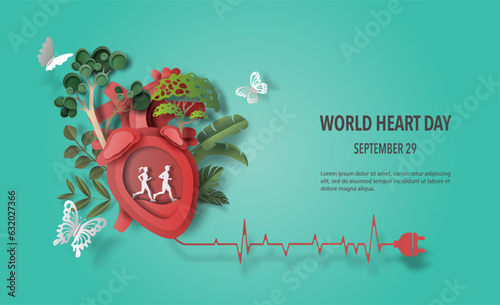 World Heart Day concept, people running with heartbeat line, paper art and craft style, flat-style vector illustration.