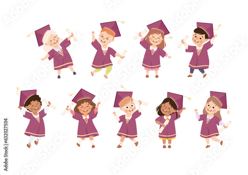 Kids Graduating Wear Purple Gown and Graduation Cap Vector Set