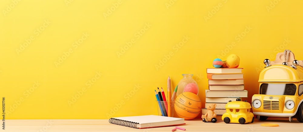 The photo shows a yellow background with educational wooden kid toys and a blank spiral sketchbook notebook on top. represents early education, kindergarten, preschool, and learning and playing. - obrazy, fototapety, plakaty 