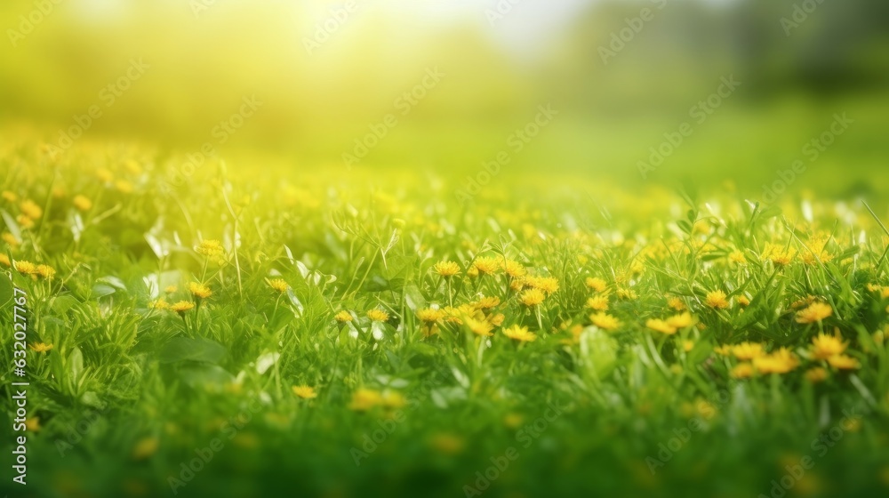 Fototapeta premium Spring summer natural background. Juicy young green grass and wild yellow flowers on the lawn outdoors in morning, Generative AI