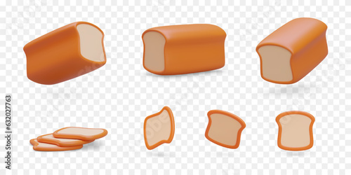 Set of vector images of toasted bread and slices. Sliced square bread in different positions. Templates for sandwiches. Icons for culinary sites, games. Advertising bakery, fast food
