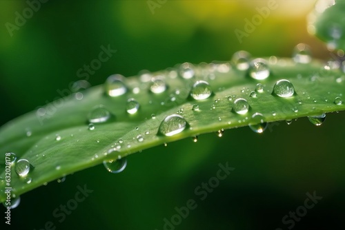 A beautiful large drop of morning dew in the grass sparkles in the rays of sunlight outdoors in nature. A drop of water on a blade of grass and free space for, Generative AI