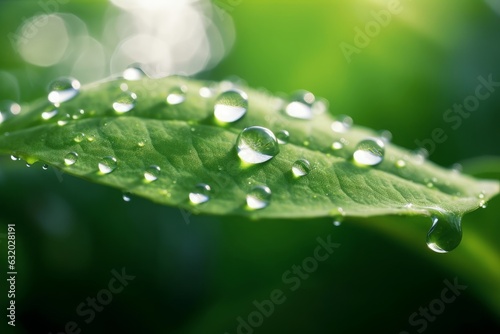 A beautiful large drop of morning dew in the grass sparkles in the rays of sunlight outdoors in nature. A drop of water on a blade of grass and free space for, Generative AI