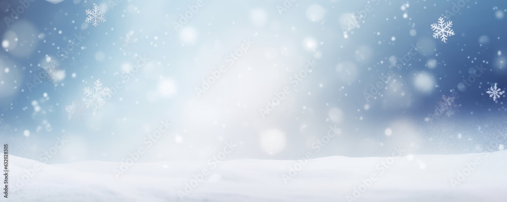 Winter snow background with snowdrifts, with beautiful light and snow flakes on the blue sky, beautiful bokeh circles, banner format, copy space, Generative AI