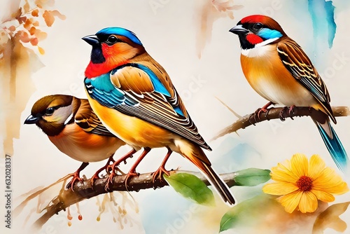 Fotografiet beautiful charming birds on a branch in a happy mood   Created using generative