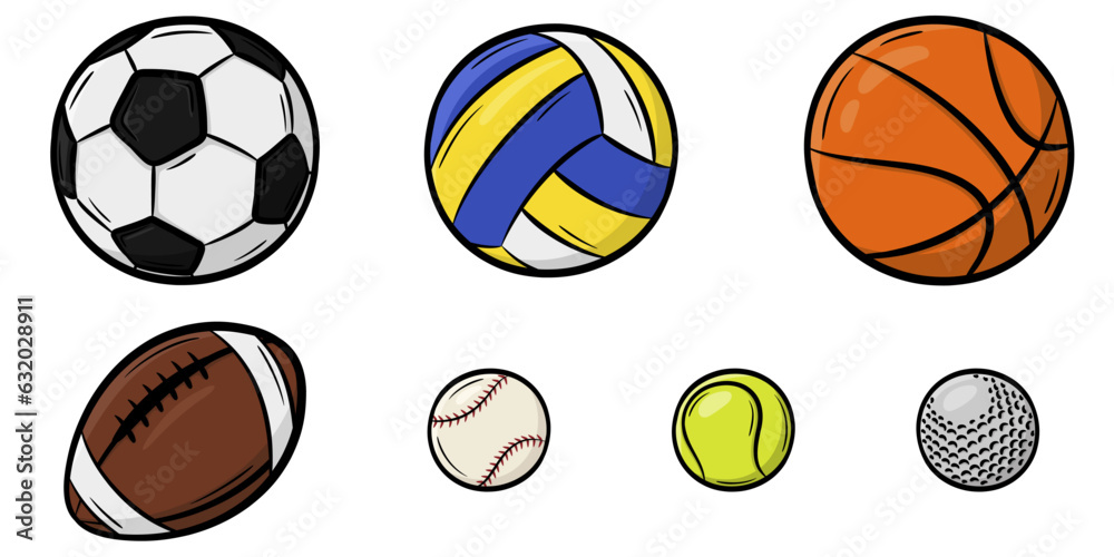 Set of sports ball illustration doodle collection. Colorful cartoon ...
