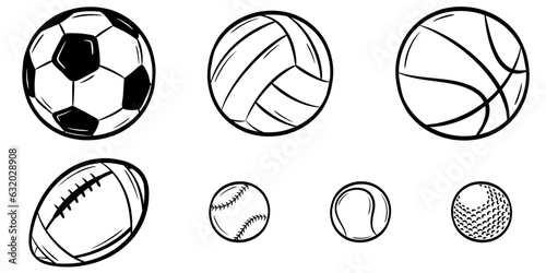 Set of sports ball illustration doodle collection. Black cartoon sketch isolated on white background