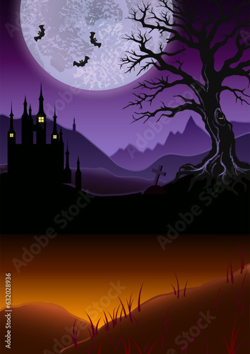 Scary halloween poster background with copy space. Glowing, foggy landscape with mountains, old castle, house, tree, big moon, grave cross. Otherworldly, mystical illustration.