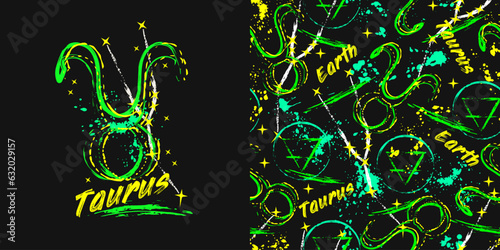 Label, pattern with icon of zodiac sign Taurus with constellation, text, paint splatter, smudge, brush strokes. Horoscope esoteric element of the element of earth. For decoration in street style