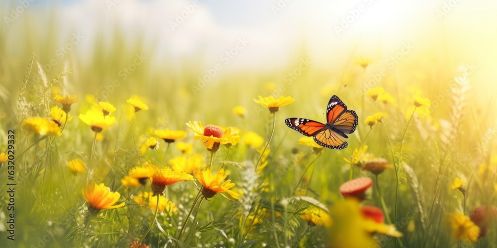 Summer yellow meadow with wildflowers and a fluttering butterfly. Natural widescreen scenery, Generative AI Summer yellow meadow with wildflowers and a fluttering butterfly. Natural widescreen scenery, Generative AI