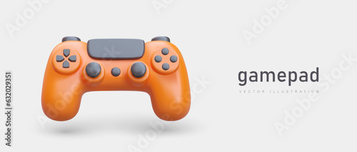 Orange 3D gamepad. Textured image of gaming device with buttons. Video game controller. Poster for game equipment store. Rental of gadgets. Game room advertisement