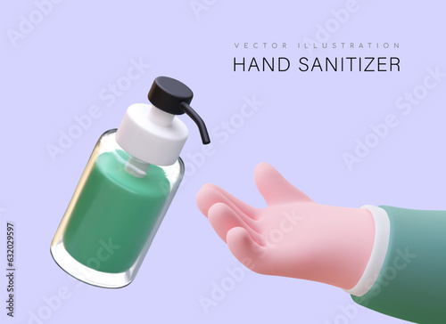 3d hand and sanitizer. Protection against viruses and bacteria, hand sanitizer. Portable antibacterial agent. Liquid alcohol disinfectant for prevention of pandemic and epidemic diseases. Vector