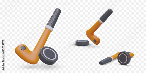 3D hockey stick with puck. Set of isolated vector images. Accessories for ice sports. Icons for site, application, game. Color illustrations for modern web design