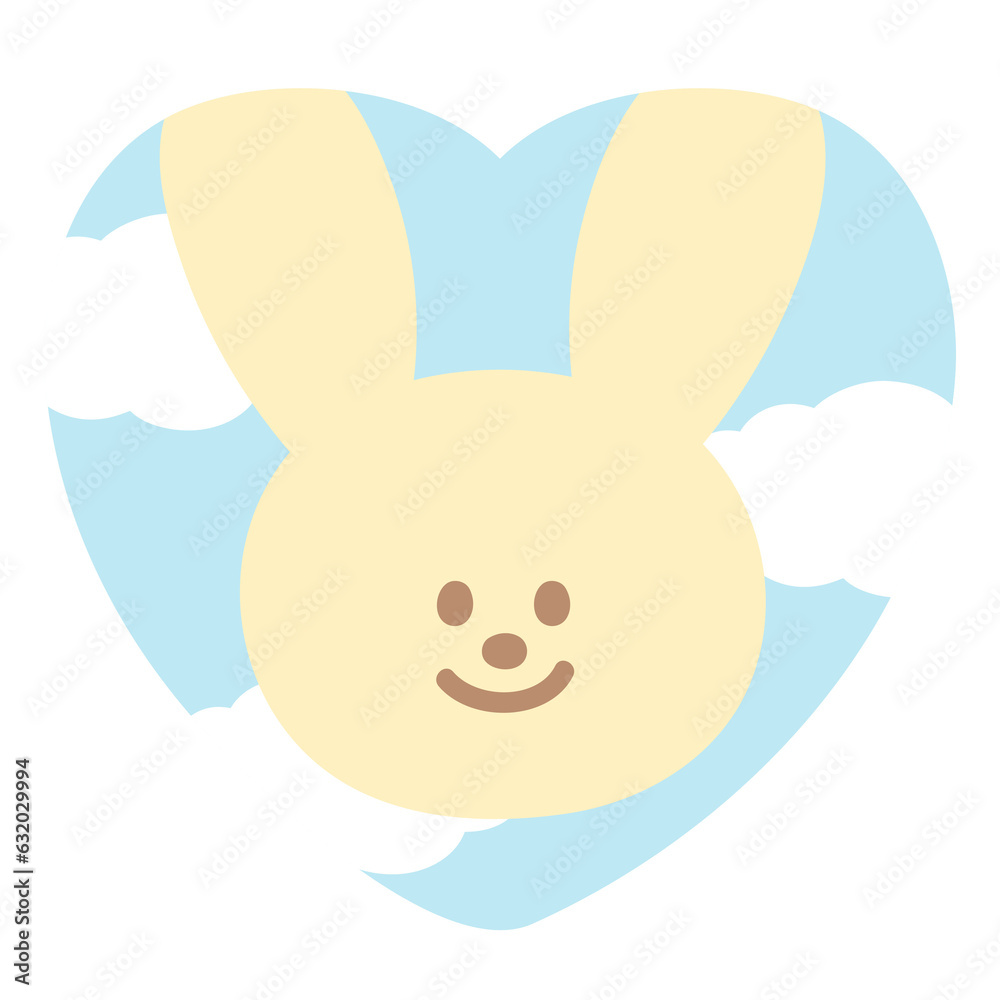Fototapeta premium Illustration of happy bunny with heart, blue sky, cloud for cartoon character, comic, mascot, easter, cute animal, sticker, pet, cute patches, shirt print, plush toy, kid doll, picnic, spring, summer