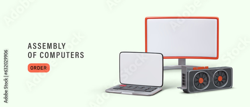 Assembly of computers. Selection of equipment for different needs. Gadgets for office workers, freelancers, students. Consultancy. Concept for computer accessories store