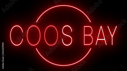 Red flickering and blinking animated neon sign for the city of Coos Bay