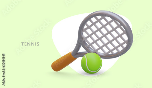 Realistic net racket, tennis ball. Sports accessories. Concept for sports equipment store. Announcement of opening of tennis court. Coach services. Recreation