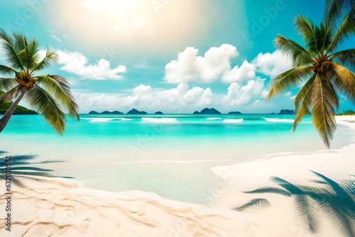 beach with palm and blue water with white clouds Created using generative AI tools