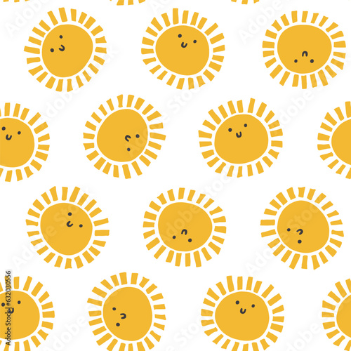 Cute smiling yellow sun seamless pattern. Childish fun summer vector illustration. Repeatable sunny texture in doodle style. Fabric, paper design, baby fashion design.