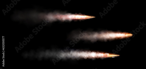 Bullet after shot with fire and smoke trail - realistic vector illustration of metal ammo flying to target. Gun firing moment with speed effect trace on transparent background - military projectile.