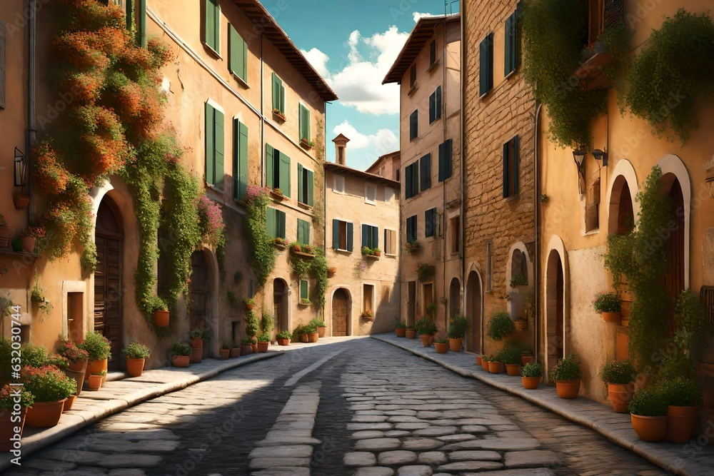Street in small town in Italy in summer, Umbria 3d rendering