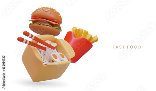 3d realistic poster with Chinese box with noodles and eggs, tasty burger and bag of French fries. Web poster for store selling fast food. Vector illustration with place for text
