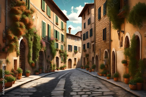 Street in small town in Italy in summer  Umbria 3d rendering