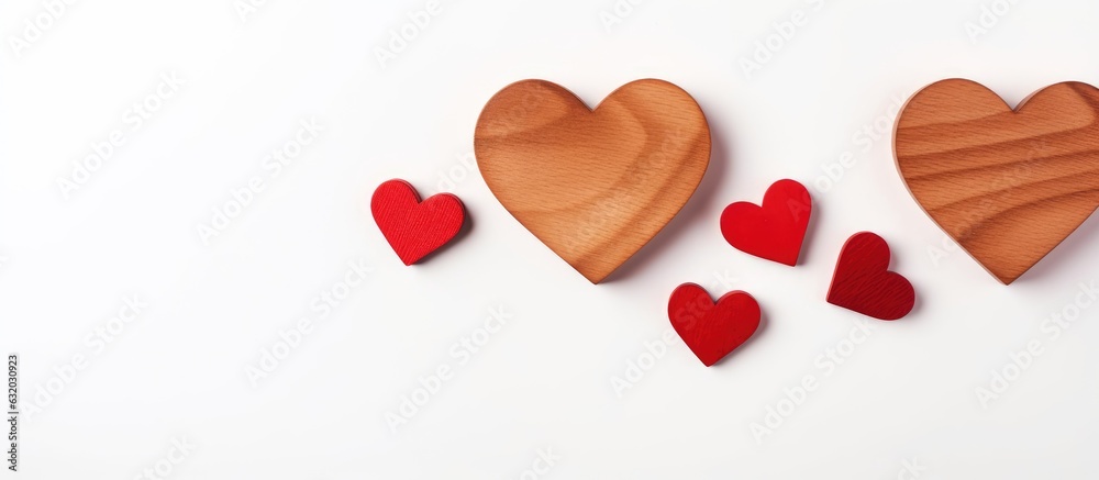 Two red wooden heart flat lay with a couple of red little hearts on a white surface, perfect for Valentine's Day on the 14th of February. also room for adding personalized messages or captions.