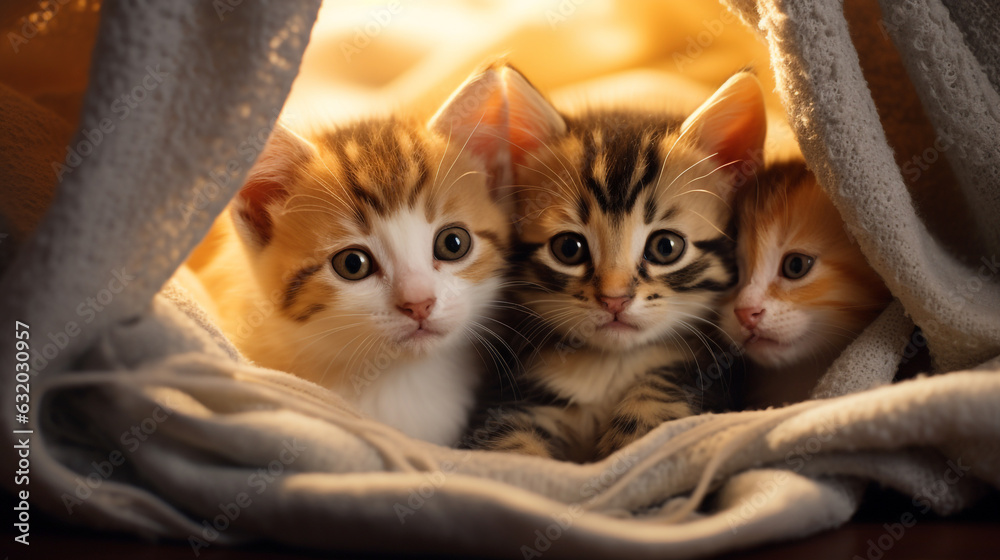 A group of adorable kittens cuddled up together in a cozy blanket fort with generate Ai A group of adorable kittens cuddled up together in a cozy blanket fort with generate Ai