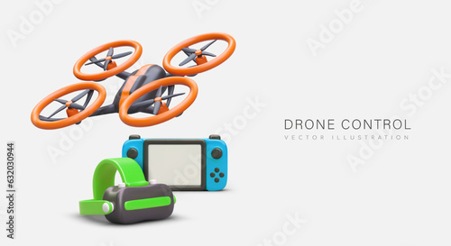 Drone operator. Video surveillance. Learning how to control quadcopter. Modern equipment for videography, aerial photography. 3D drone, remote control, VR glasses