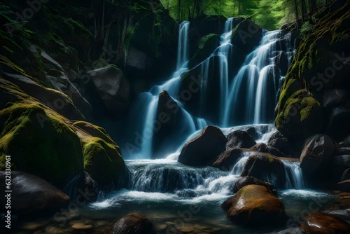 waterfall in the forest on the rocks and flowing downward Created using generative AI tools