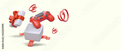 3D open gift box, gamepad, streamer serpentine. Cool gift for gamer. Concept of holiday poster for store. Color vector template. Promotional offer, raffle of gifts for customers